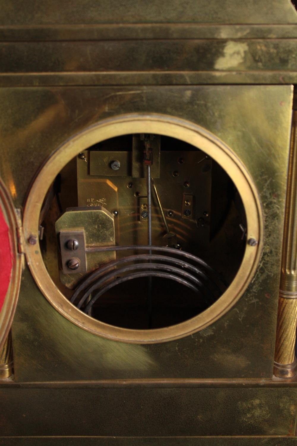 A 19th century brass architectural design mantle clock with tile detailing to the roof. Silvered - Image 6 of 6