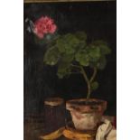 Oil painting on canvas. Still life, flower and fruit. Signed bottom right 'Hilde'? Damage to the