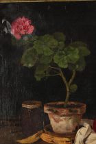Oil painting on canvas. Still life, flower and fruit. Signed bottom right 'Hilde'? Damage to the