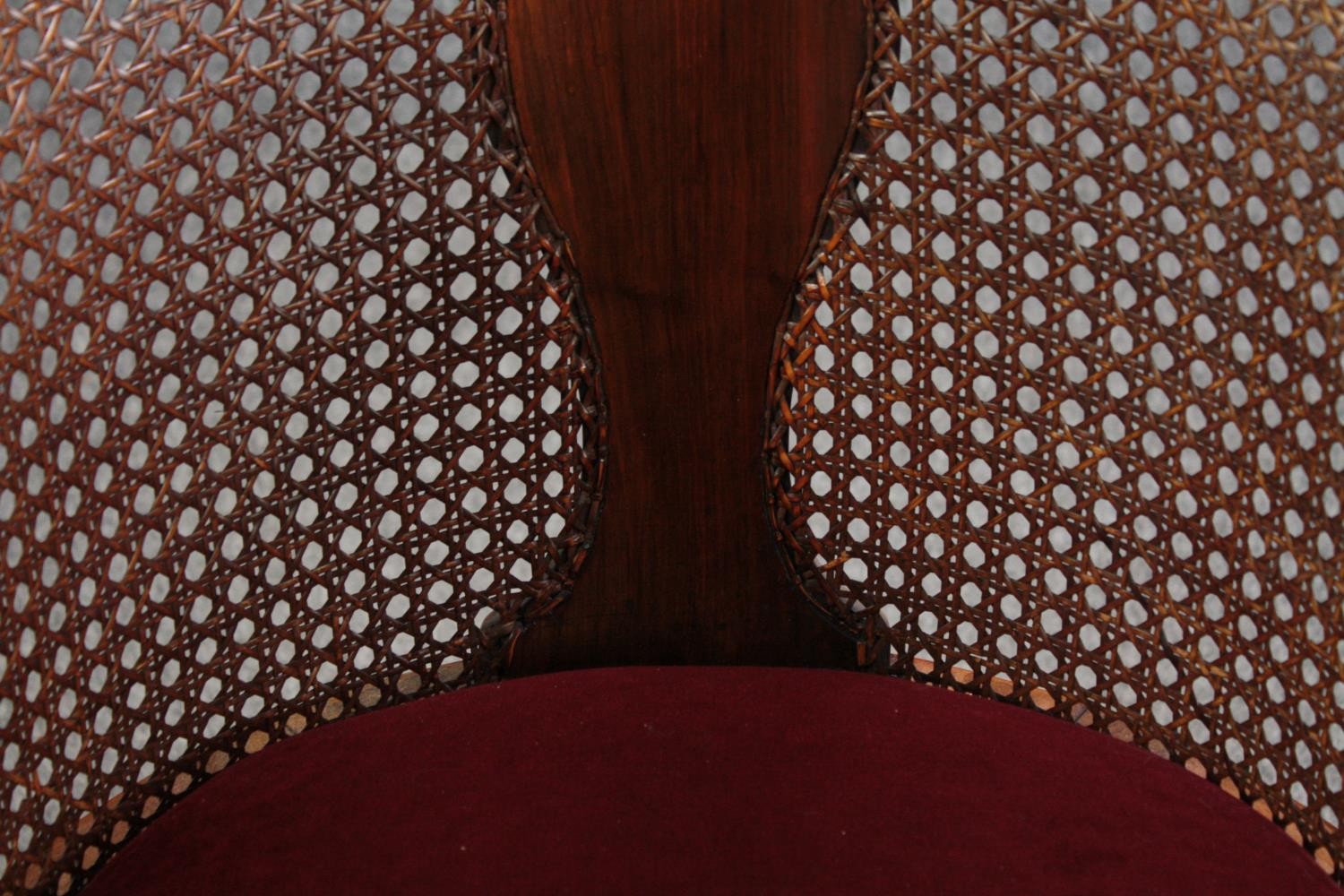 A mid century walnut George I style tub chair with bergere caned back and sides. H.88 W.56cm. - Image 5 of 5