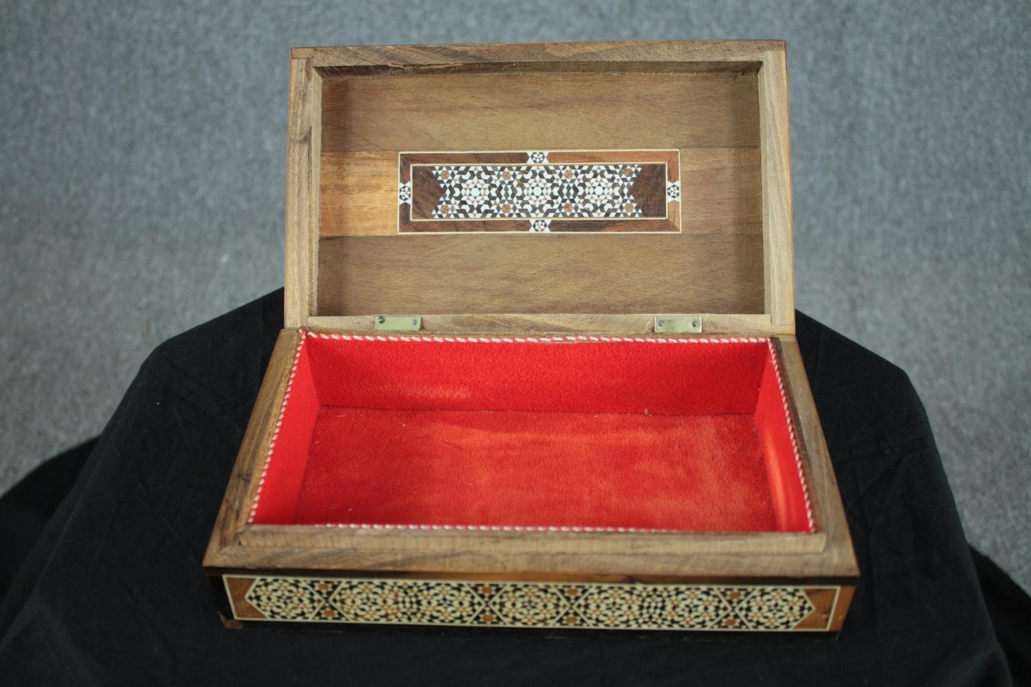 A 19th century bone and marquetry damascene micro mosaic Islamic jewellery box. H.7 W.25 D.15cm. ( - Image 2 of 3