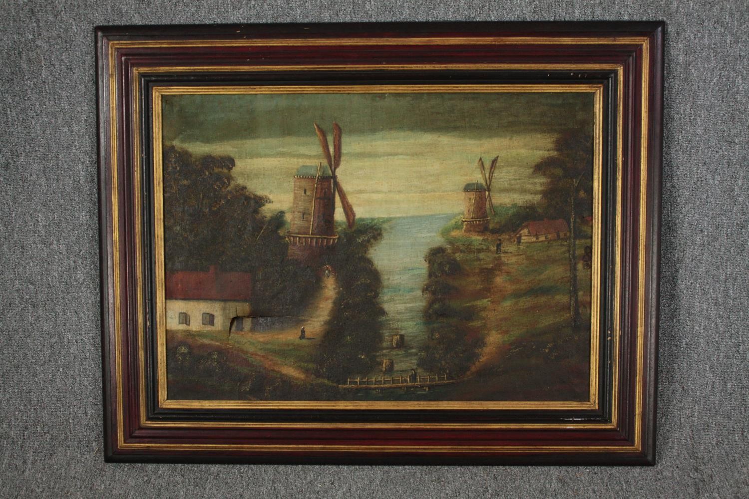 Oil painting on canvas. Probably late eighteenth century. Two mills on a river bank. Unsigned. - Image 2 of 4