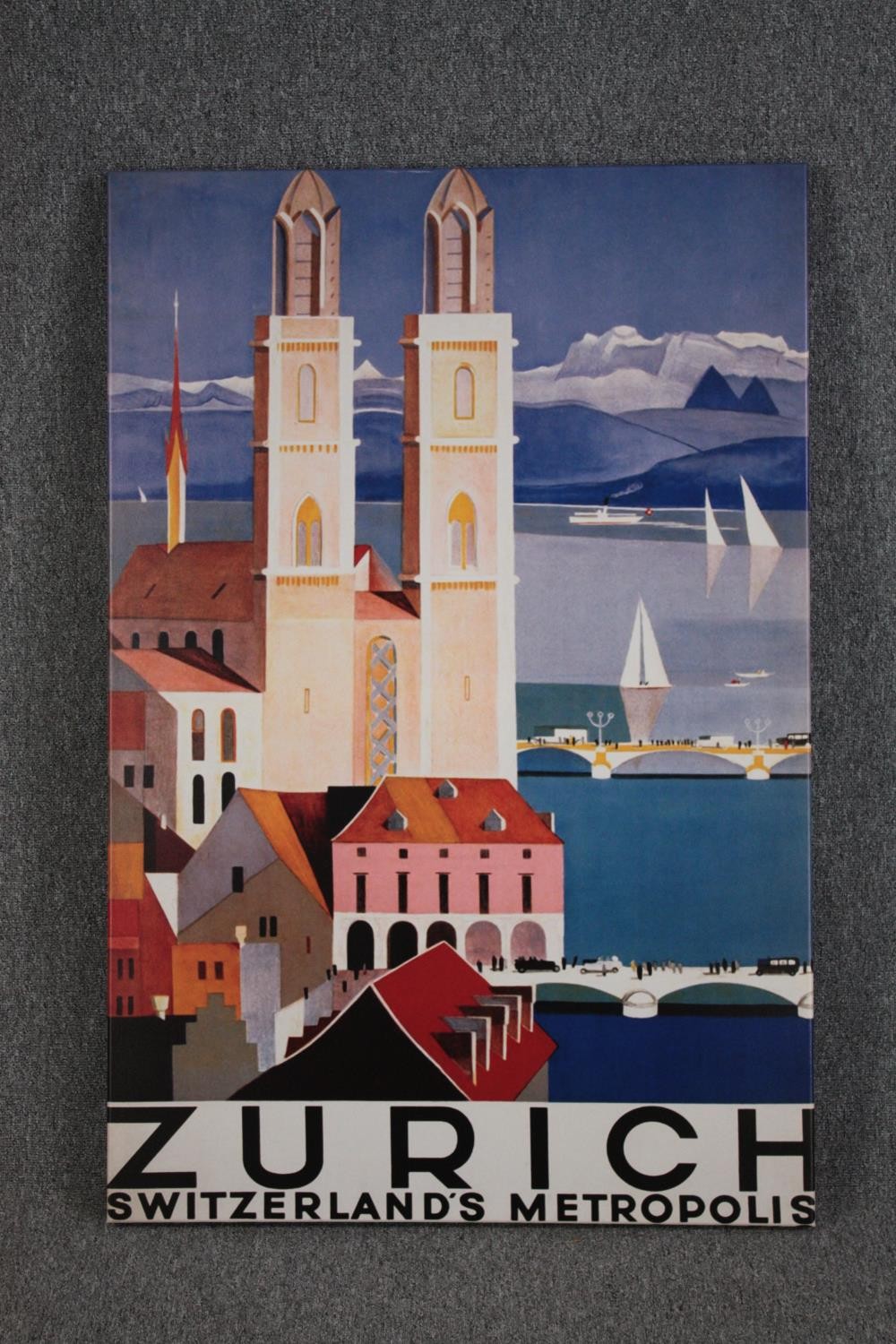 An Art Deco style travel poster of Zurich on a stretched plastic canvas. H.120 W.80cm. - Image 2 of 3