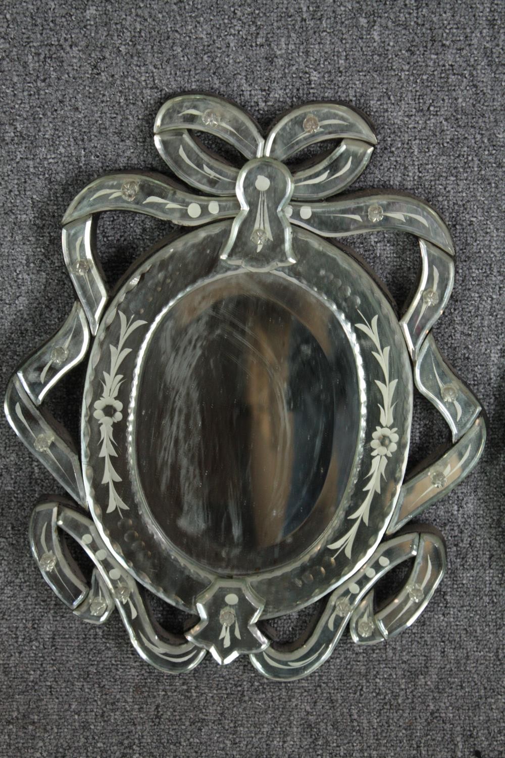 An etched glass Venetian style mirror and a similar in need of a little repair. H.50 W.30cm. ( - Image 3 of 6