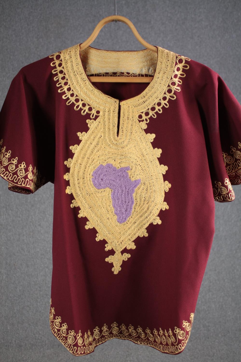 A bespoke vintage African inspired maroon velvet top with outline of Africa embellished and - Image 2 of 4