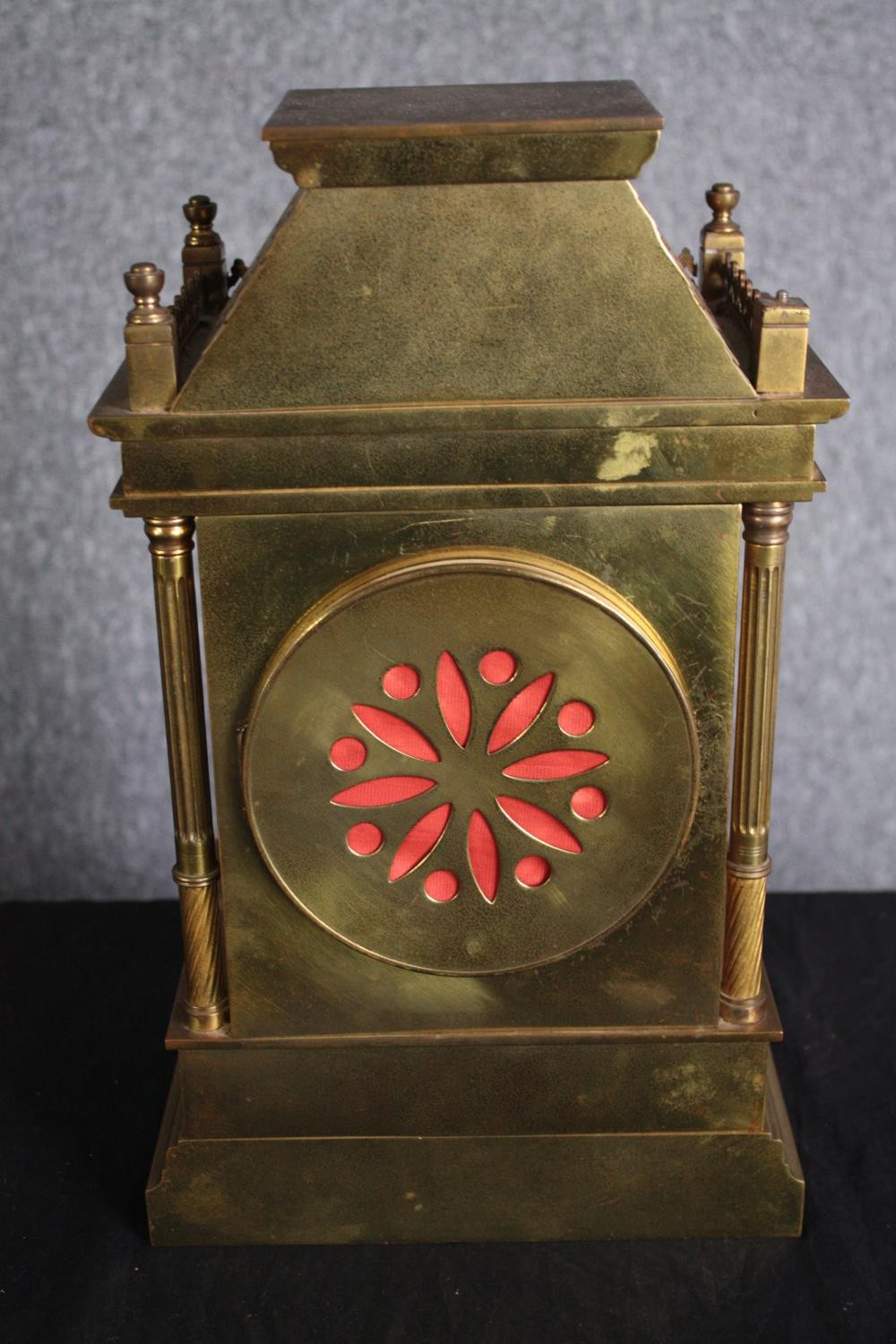 A 19th century brass architectural design mantle clock with tile detailing to the roof. Silvered - Image 5 of 6