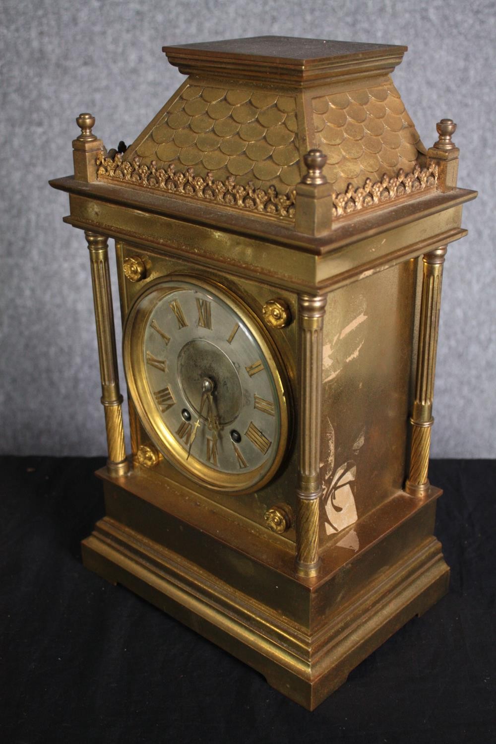 A 19th century brass architectural design mantle clock with tile detailing to the roof. Silvered - Image 3 of 6