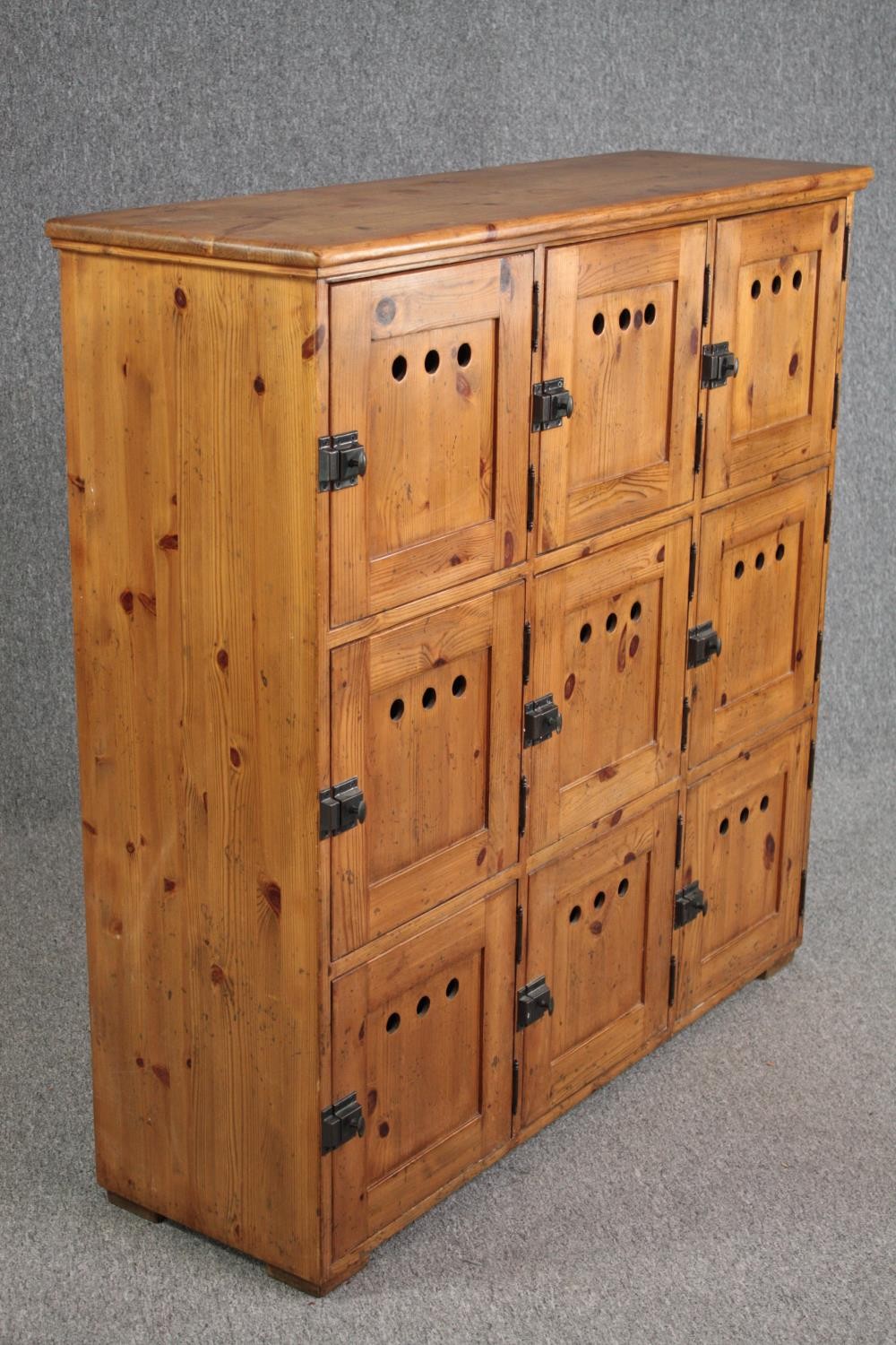 Locker cabinet, early 20th century pine with nine compartments. H.117 W.116 D.38cm. - Image 2 of 5
