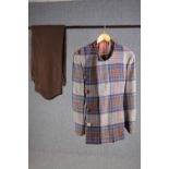 A vintage bespoke made blue, grey and rush woollen tartan three piece suit with brown trousers, (