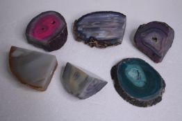 A collection of six Agate geodes and slices, some dyed. H.10 W.14cm. (largest)