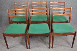 Dining chairs, a set of six mid century teak by G-Plan with original upholstery.