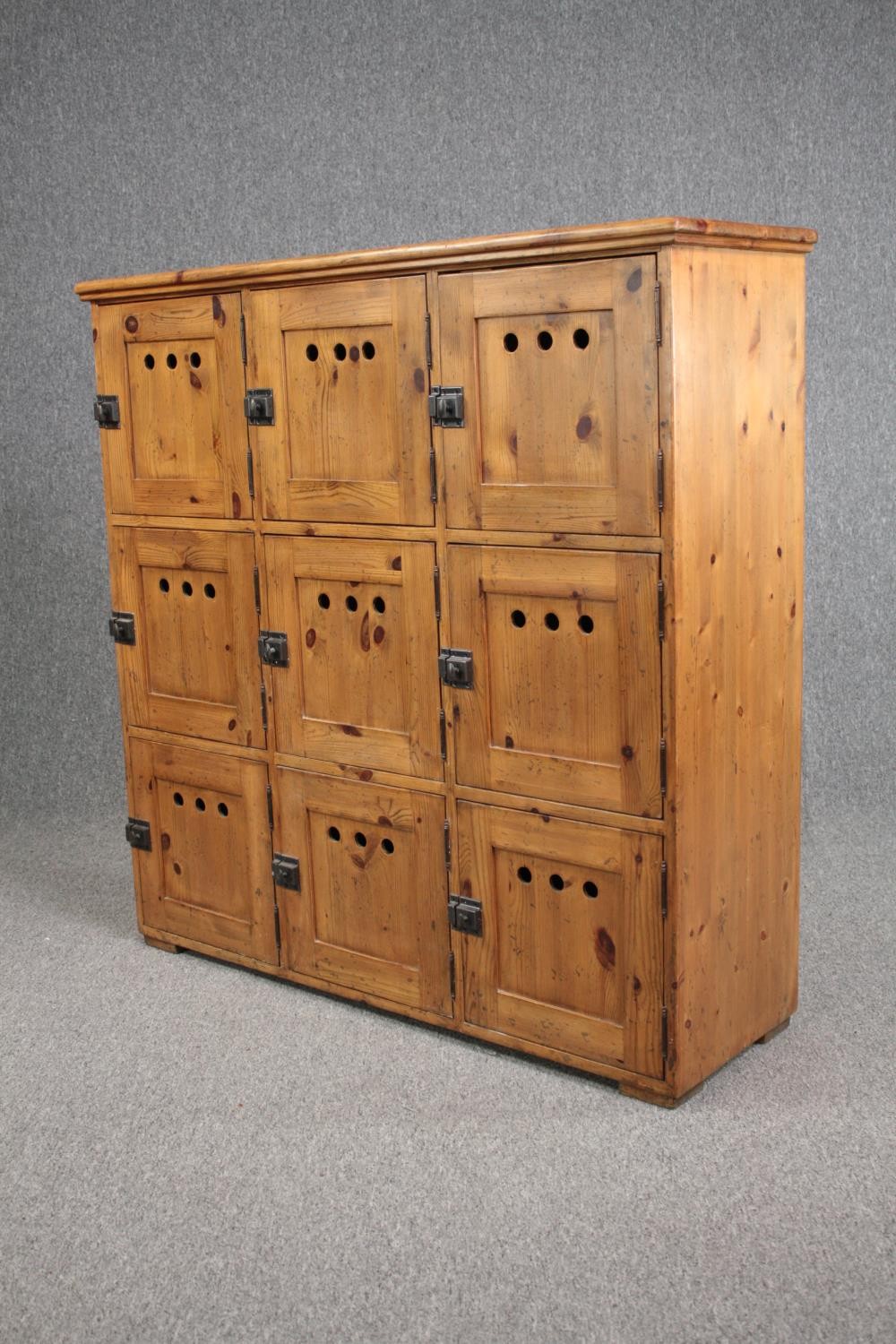 Locker cabinet, early 20th century pine with nine compartments. H.117 W.116 D.38cm. - Image 3 of 5