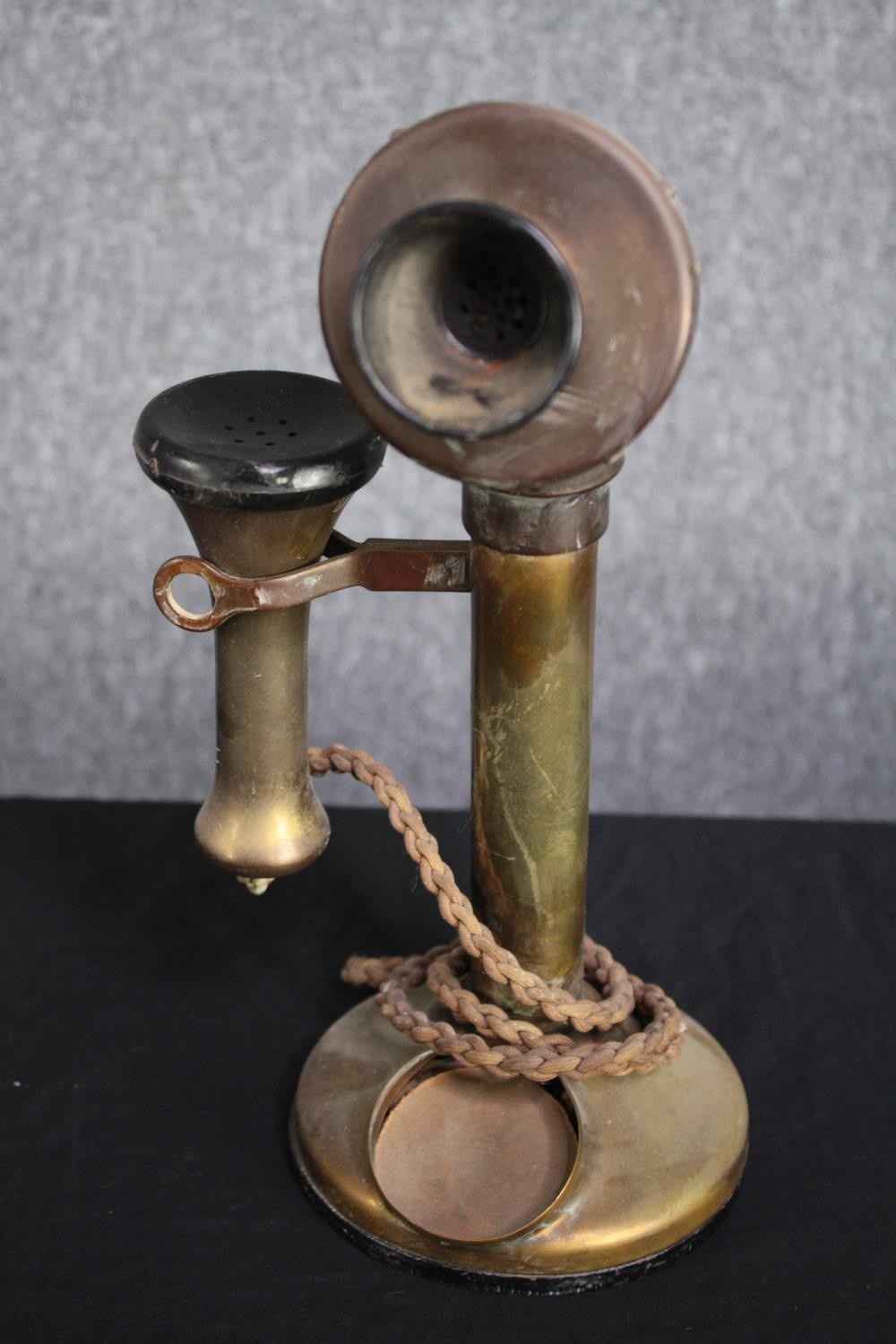 An old brass telephone, a hand wound paper calendar and, a wooden cased pocket watch. H.30cm. ( - Image 6 of 8