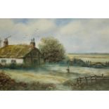 Watercolour. A rural cottage scene. Signed 'J.Russell' bottom right. Framed. H.34 W.57cm.