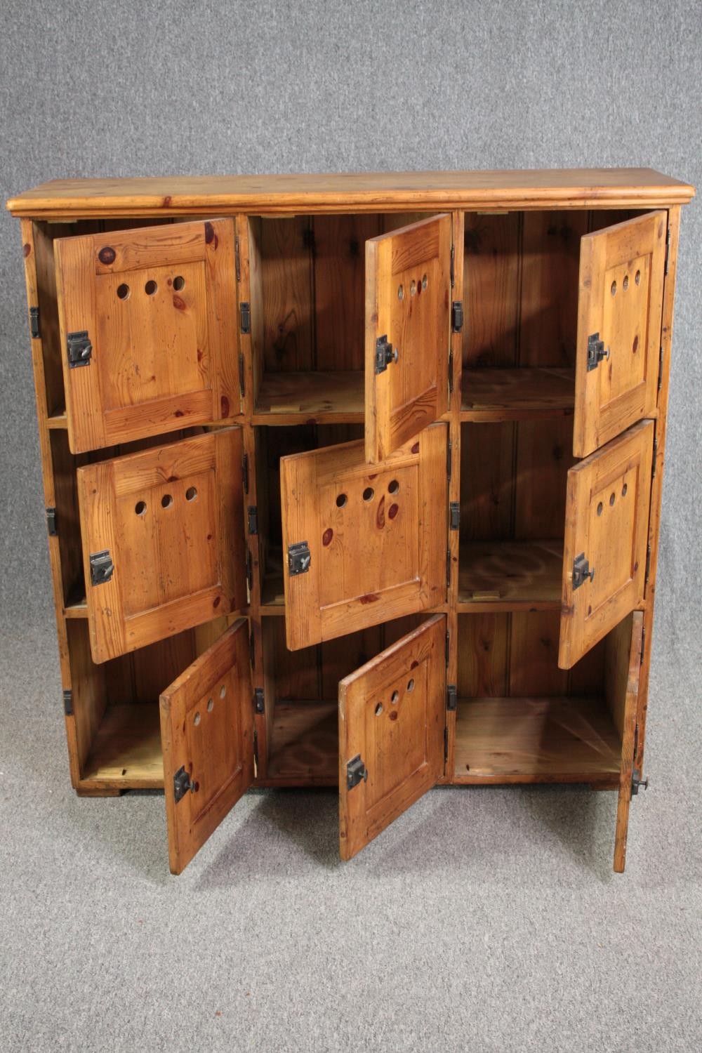 Locker cabinet, early 20th century pine with nine compartments. H.117 W.116 D.38cm. - Image 4 of 5