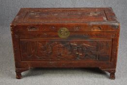 Coffer, Chinese carved camphor. H.60 W.100 D.50cm.