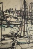 Marjorie Timmins. Ink on paper. Titled 'Brixham' on the back. Signed lower right and dated 1966.