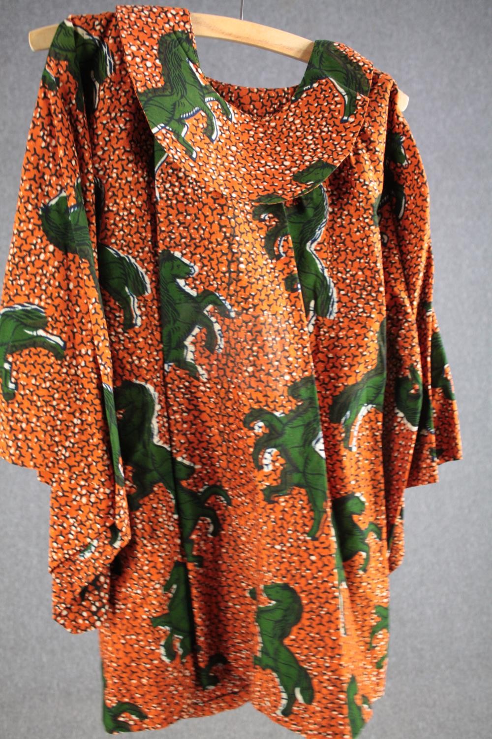 A vintage bespoke made long top with orange and black abstract design and green rearing horses, ( - Image 3 of 4