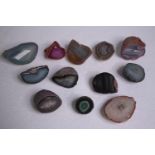 A collection of twelve agate geodes and slices, some dyed. H.9 W.5cm. (largest)