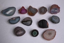 A collection of twelve agate geodes and slices, some dyed. H.9 W.5cm. (largest)
