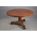 Dining or breakfast table, William IV amboyna with tilt top action. H.73 Dia.125cm.