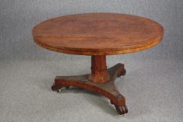Dining or breakfast table, William IV amboyna with tilt top action. H.73 Dia.125cm.