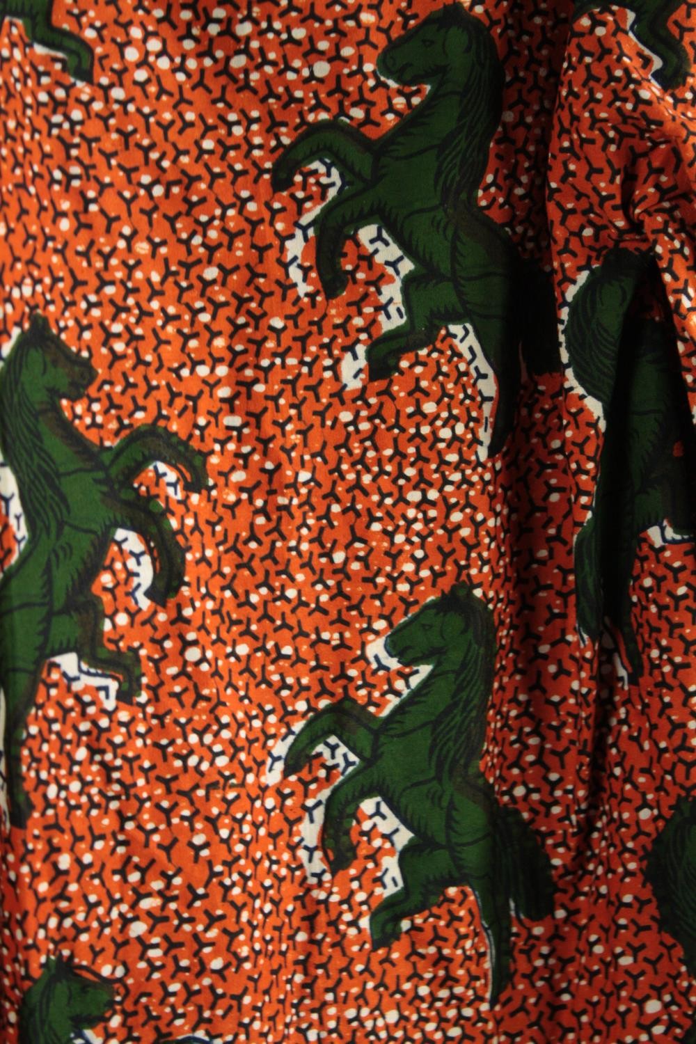 A vintage bespoke made long top with orange and black abstract design and green rearing horses, ( - Image 2 of 4