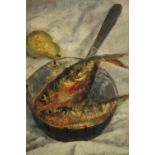 E. W. Erridge. Oil painting on board. Still life, titled 'Fish in a Pan'. Framed. H.55 W.46cm.