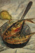 E. W. Erridge. Oil painting on board. Still life, titled 'Fish in a Pan'. Framed. H.55 W.46cm.
