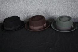 Three woollen pork Pie hats. Size medium.