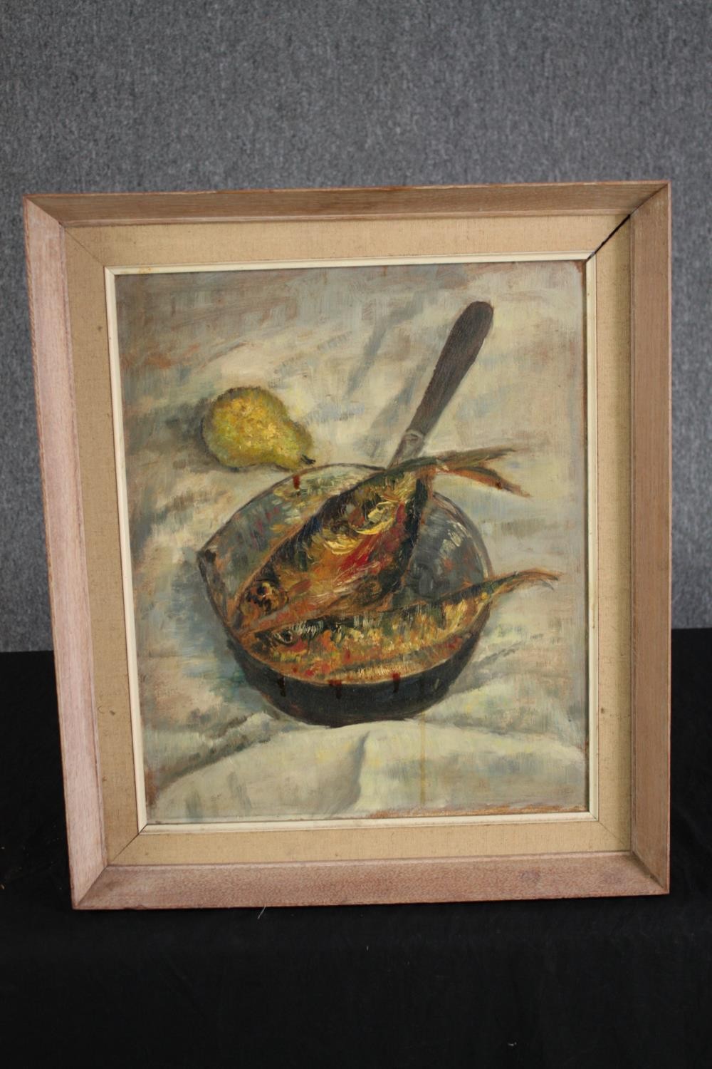 E. W. Erridge. Oil painting on board. Still life, titled 'Fish in a Pan'. Framed. H.55 W.46cm. - Image 2 of 3