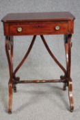 Lamp table, mid 19th century mahogany with frieze drawer on stretchered scrolling supports. H.74 W.
