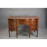 Sideboard, late Georgian mahogany serpentine fronted with brass rail. H.129 W.136 D.73cm.