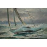 Malcolm Winter (British b.1943). Oil painting on canvas. A yacht in a stormy sea. Signed lower left.