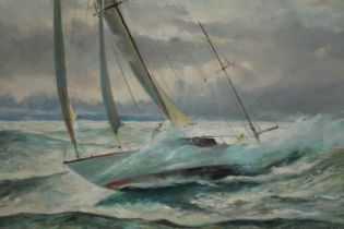 Malcolm Winter (British b.1943). Oil painting on canvas. A yacht in a stormy sea. Signed lower left.