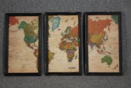 A triptych of three maps. Modern reproductions. Framed and glazed. H.60 W.35cm.(each)