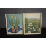 Two oil paintings on board. Flowers and meadow. Unsigned but appear to be by the same hand.