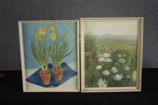 Two oil paintings on board. Flowers and meadow. Unsigned but appear to be by the same hand.