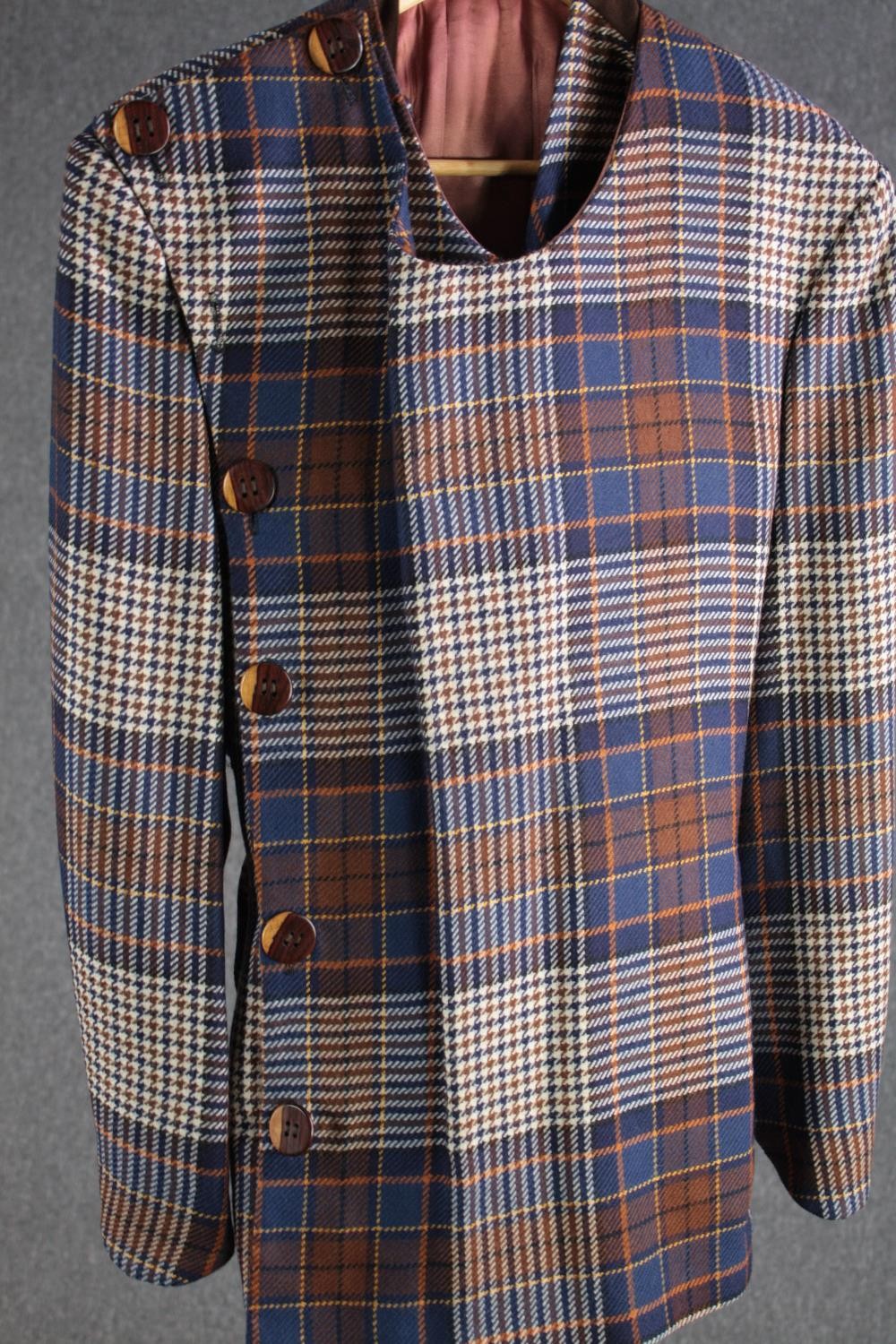 A vintage bespoke made blue, grey and rush woollen tartan three piece suit with brown trousers, ( - Image 2 of 7