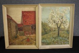 Two oil paintings on board. Unsigned but appear to be by the same hand. A yard scene and a tree in