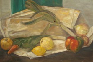 Oil painting on board. Still life, fruit and vegetables. Unsigned. Framed. H.57 W.77cm.