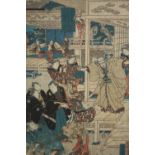 A Japanese hand coloured woodcut. A dramatic scene showing a samurai worrier in the act of