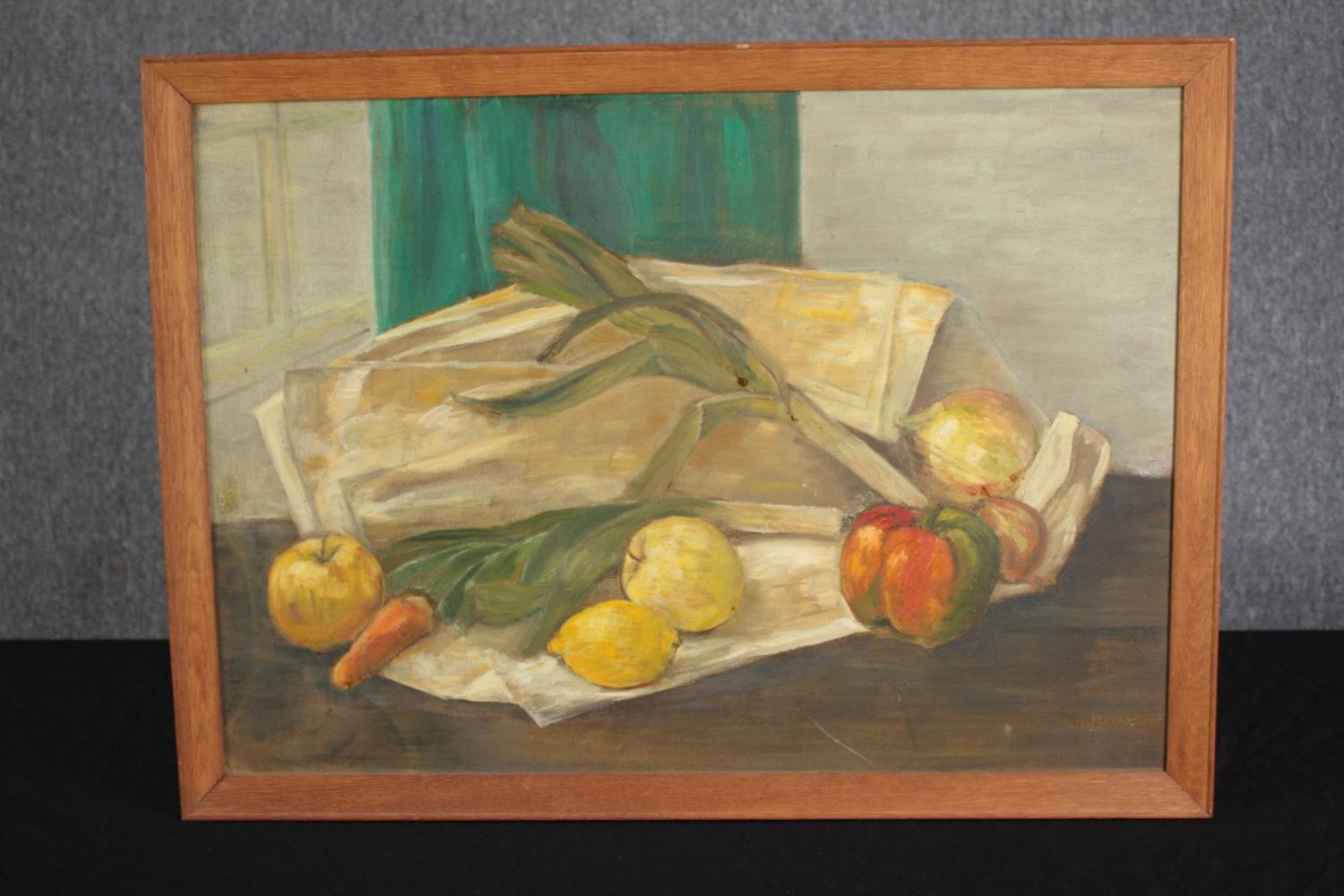 Oil painting on board. Still life, fruit and vegetables. Unsigned. Framed. H.57 W.77cm. - Image 2 of 3