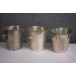 Three silver plated ice buckets with vines decorating the rims. H.21cm. (largest)