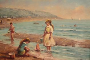 Oil on board. A seaside scene. Signed 'R. Wilson' bottom right. In a gilt frame. H.48 W.60cm.