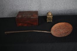 Mixed collection. A 19th century brass inlaid rosewood sewing box, brass clock and copper