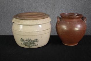 A Doulton & Co 'Improved-Bread Pan' and a stoneware jug. H.24. Dia.30cm.(larges)