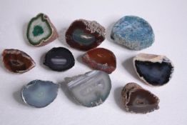 A collection of ten Agate Geodes and slices, some dyed. H.7 W.5cm. (largest)