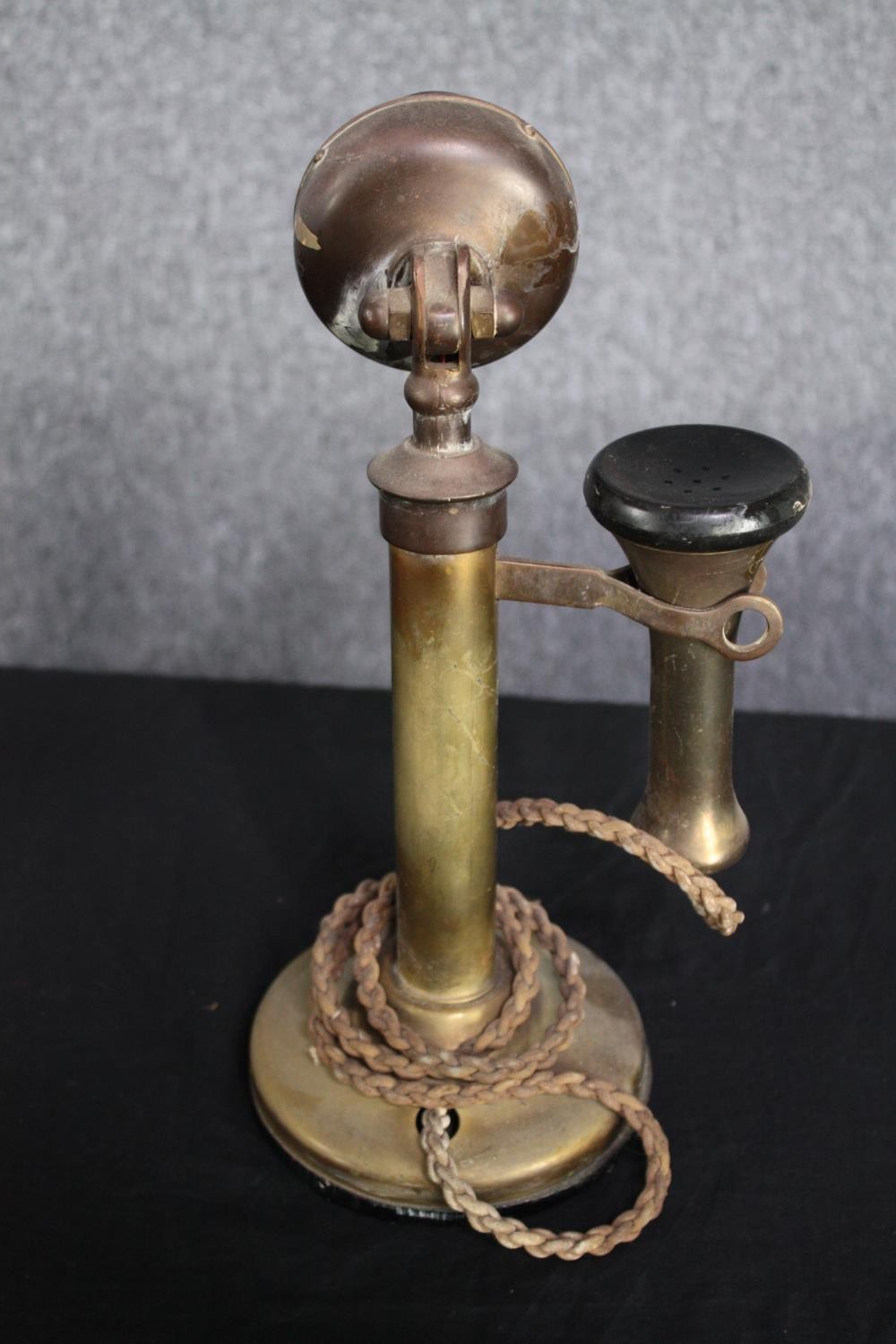 An old brass telephone, a hand wound paper calendar and, a wooden cased pocket watch. H.30cm. ( - Image 8 of 8