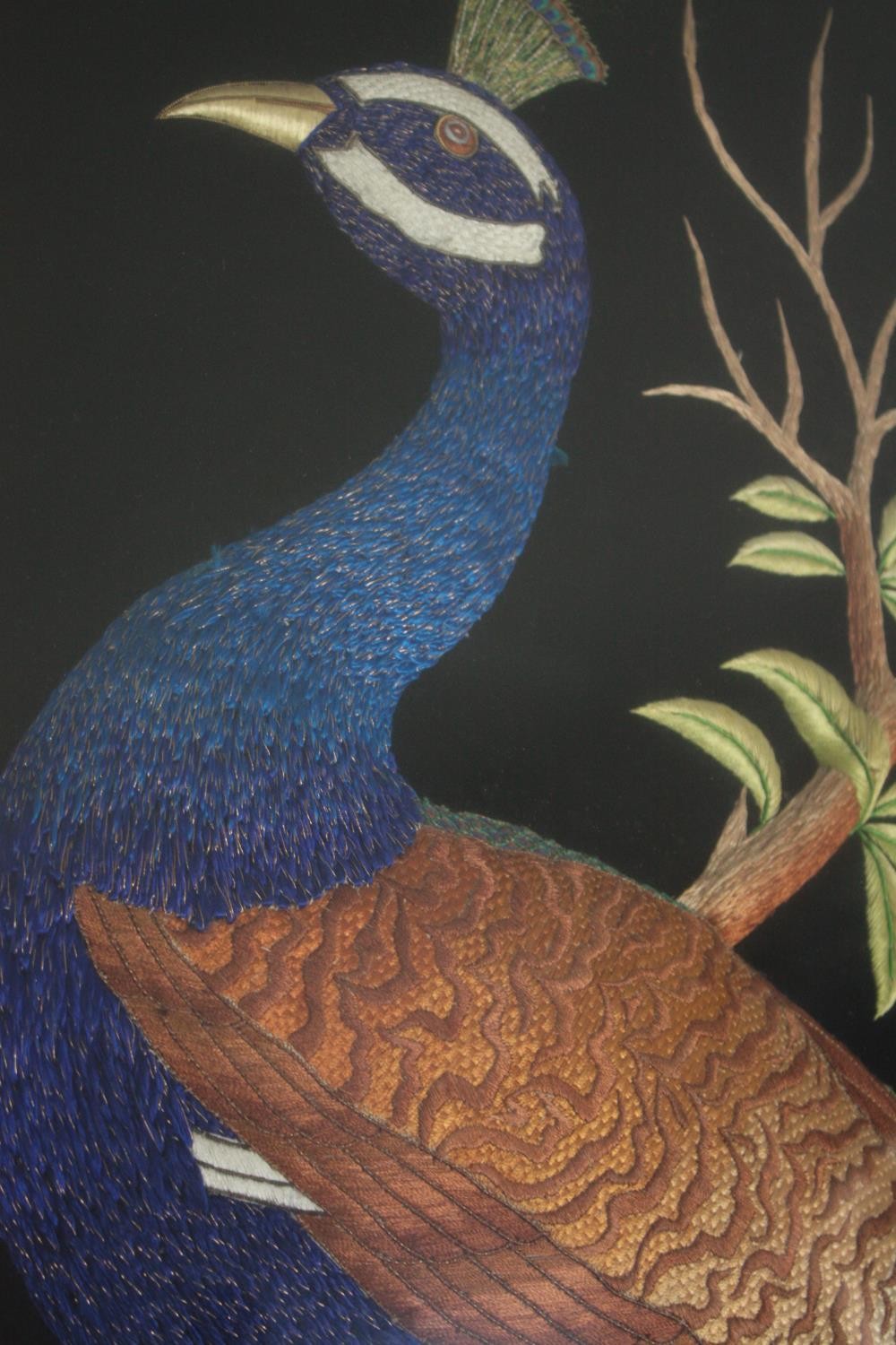 A large and highly detailed Persian embroidered male peacock. Well finished with intricate stitching - Image 4 of 7